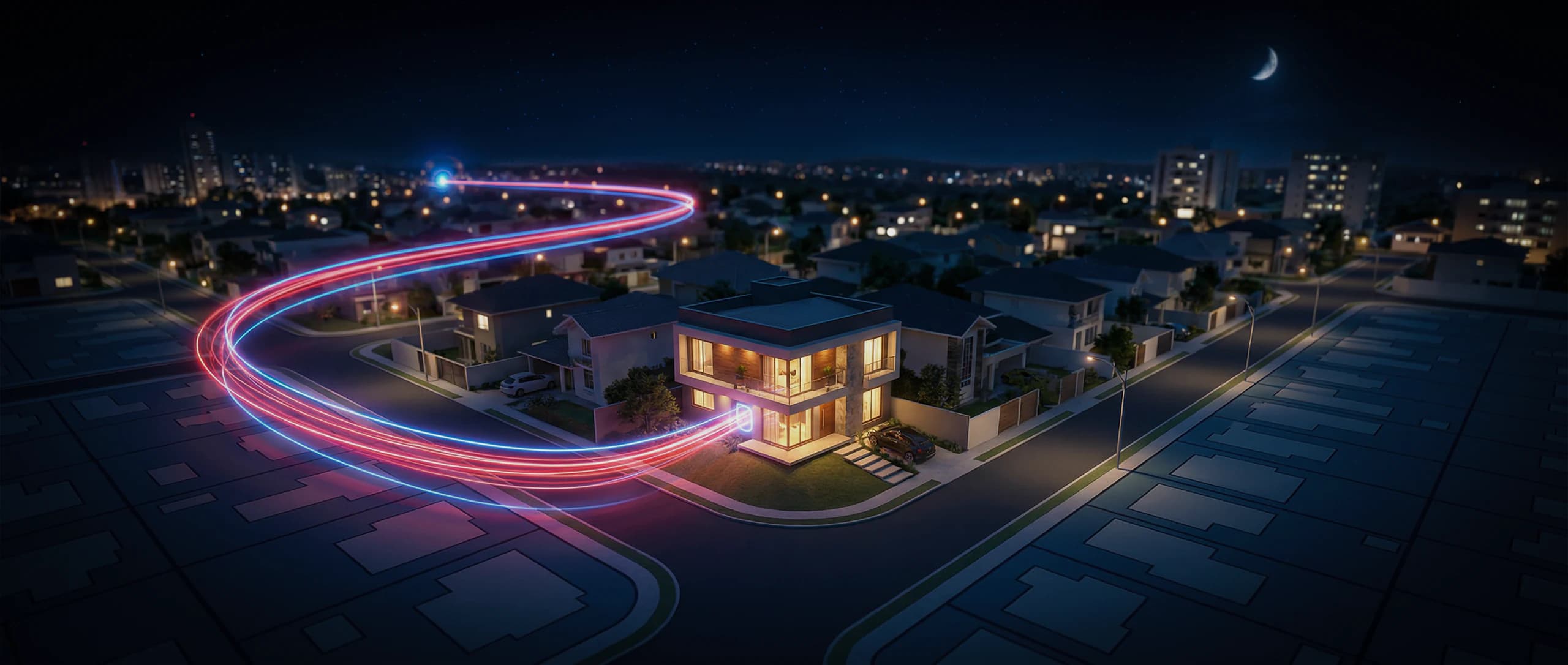 Bairro residencial à noite com fibra óptica conectando uma casa